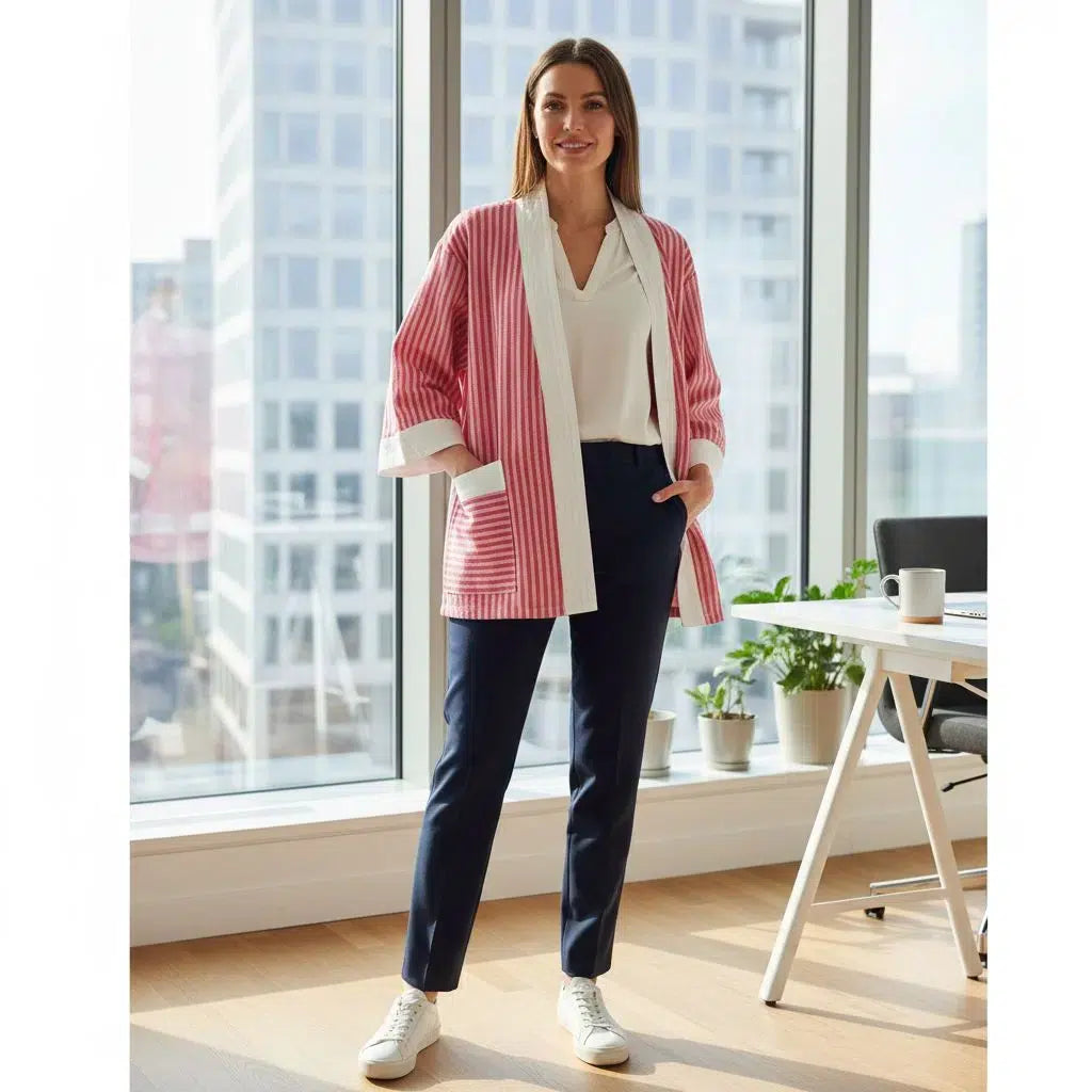 Kimono femme tissé main rose rouge – Veste kimono moderne chic, fait main unique