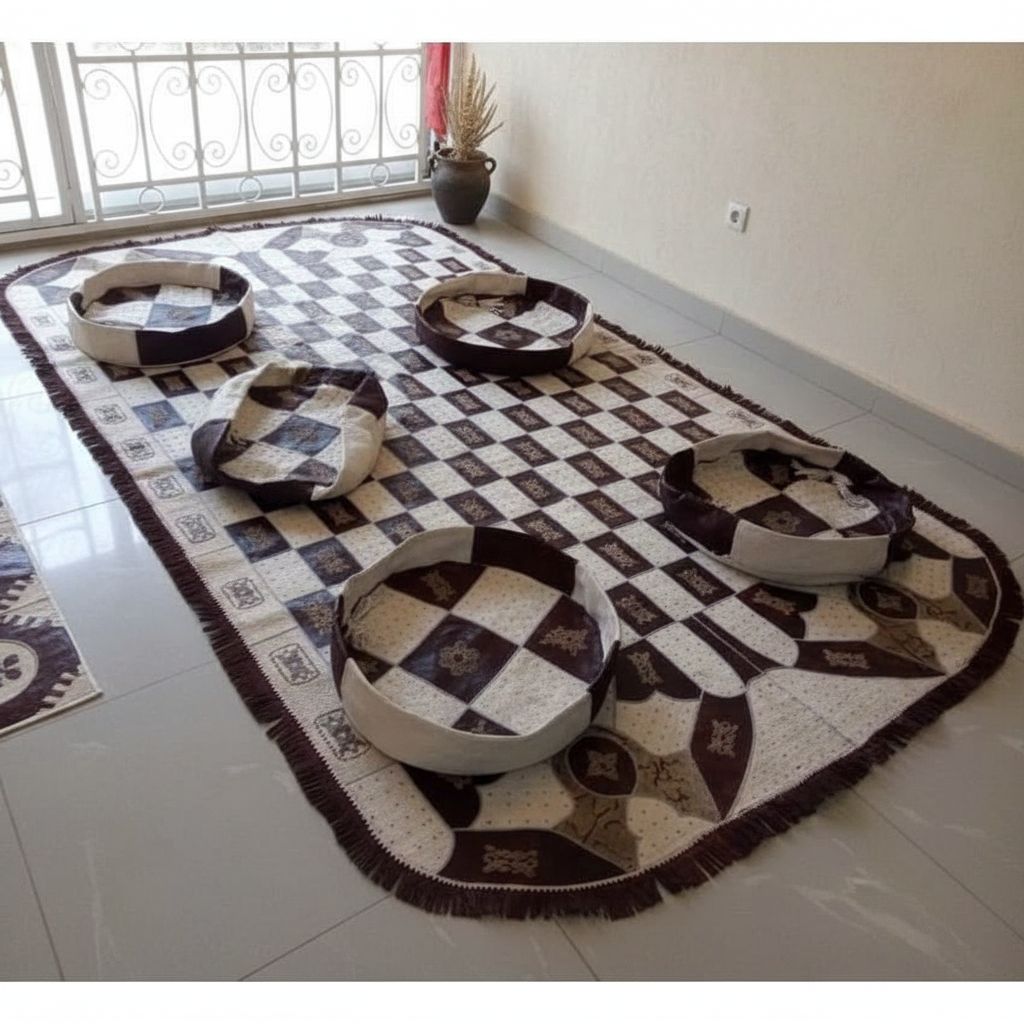 TAPIS SOUHAÏMA MOUSSA/ Tapis berbère cuir fait main ovale et 4 poufs design touareg salon chic