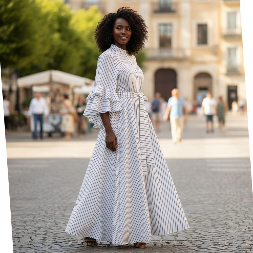 Robe longue femme élégante blanche et grise, fluide à rayures, chic et ceinturée