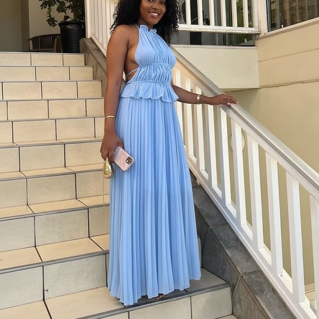 Robe longue femme élégante bleu ciel, chic plissée cérémonie et soirée