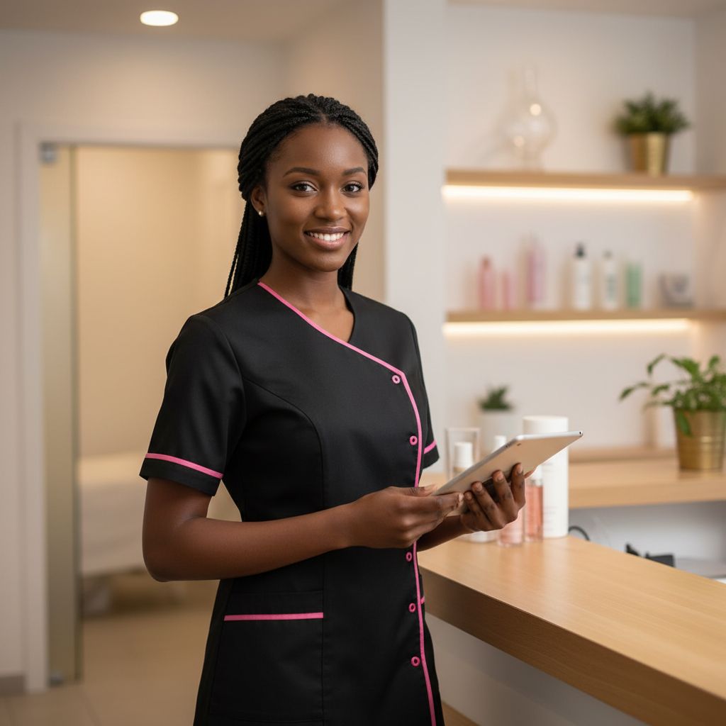 Blouse institut de beauté femme en noir et rose