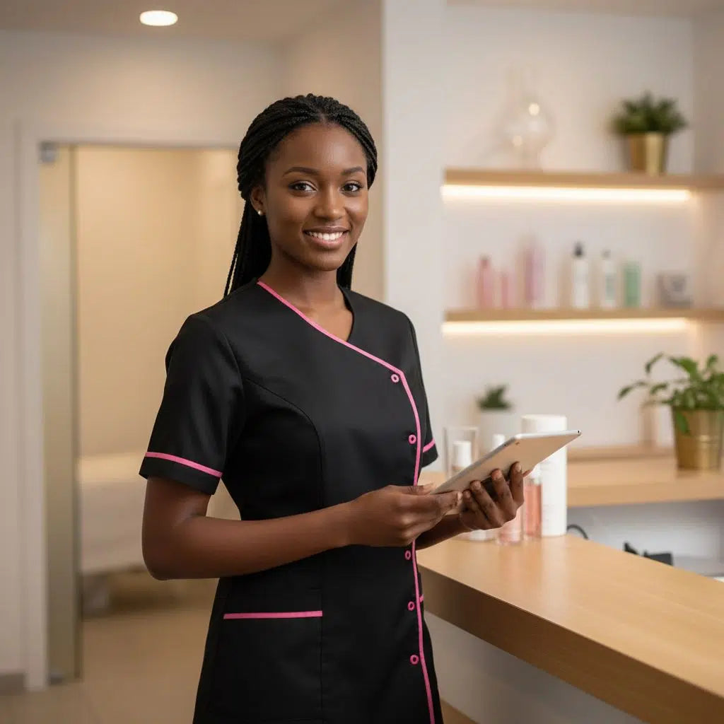 Blouse institut de beauté femme en noir et rose