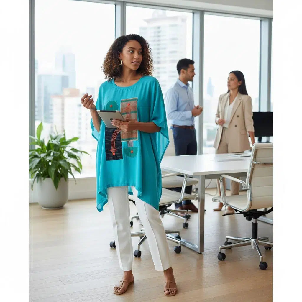 Tunique Turquoise en Pagne Brodée - Style Bohème Été Élégant