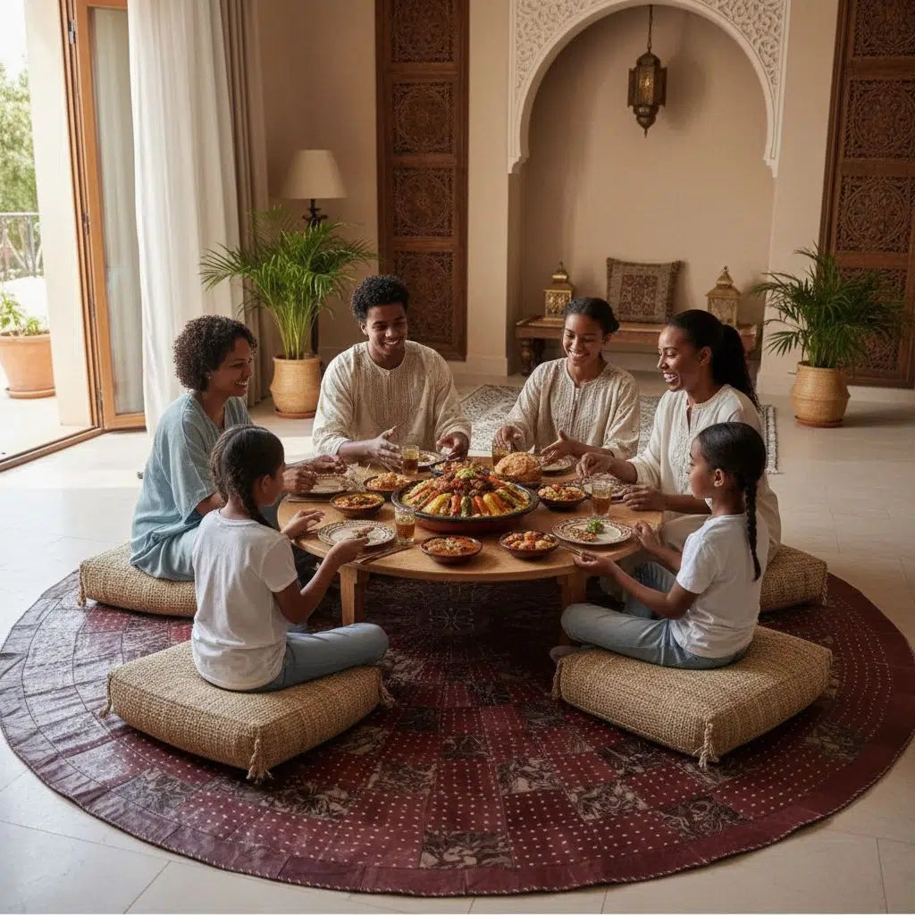 TAPIS BERBERE EN CUIR ARTISANAL AUBURN AVEC 4 POUFS