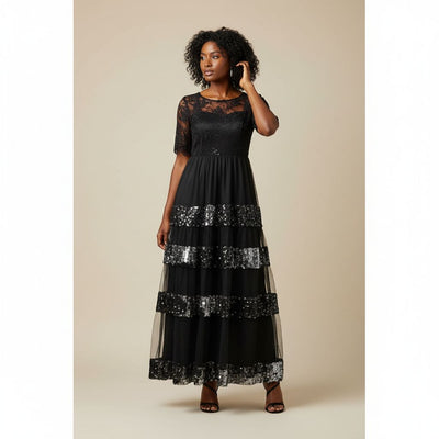 Robe de soirée noire sequins longue dentelle élégante femme chic gala