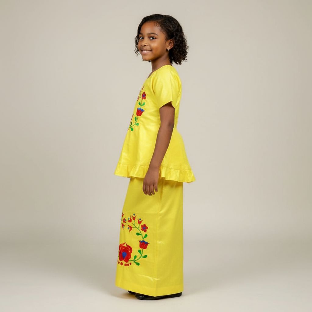 Ensemble cérémonie fille jaune 7 ans, jupe et haut floral chic élégant