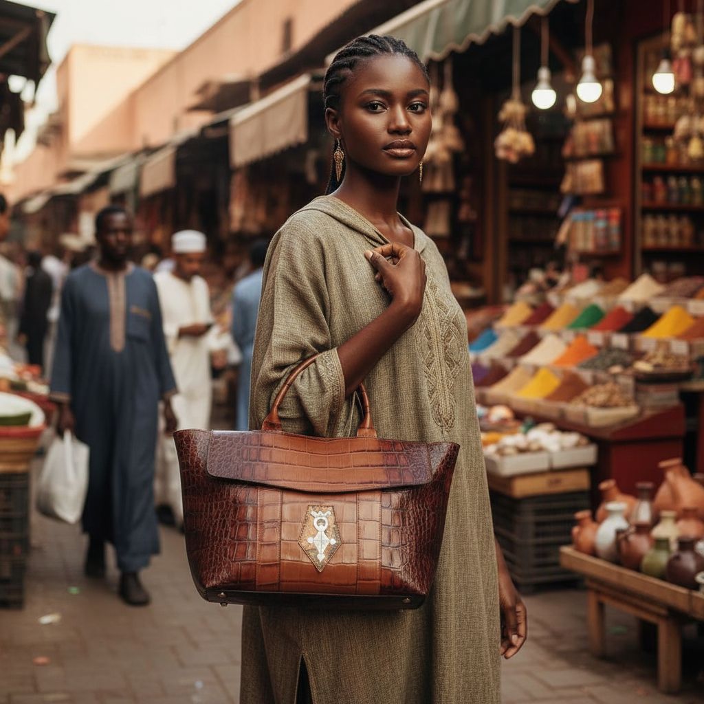 Sac à main cuir femme fait main marron, croix Agadez, style croco luxe