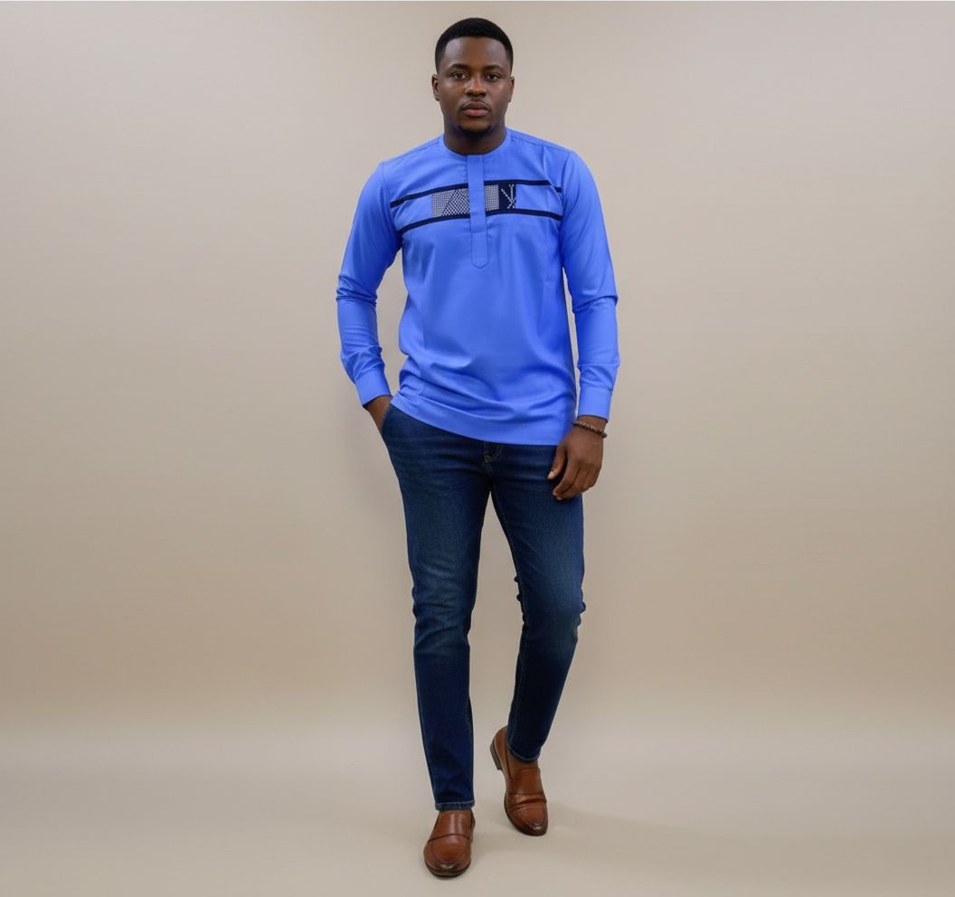Haut homme bleu col mao en coton