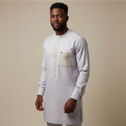 Chemise homme élégante blanche dorée, coton brodé, style classique cérémonie