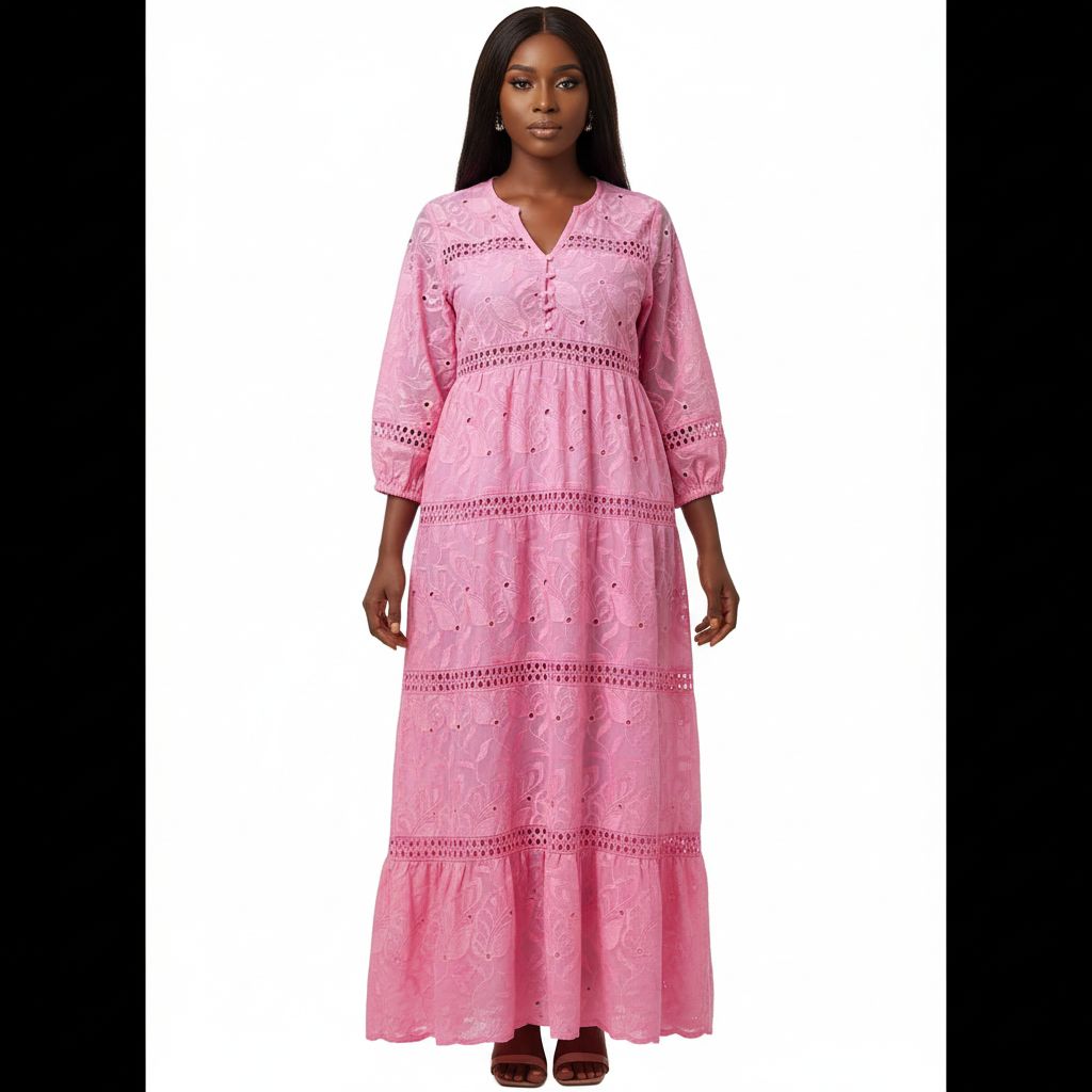 Robe longue brodée femme rose bonbon