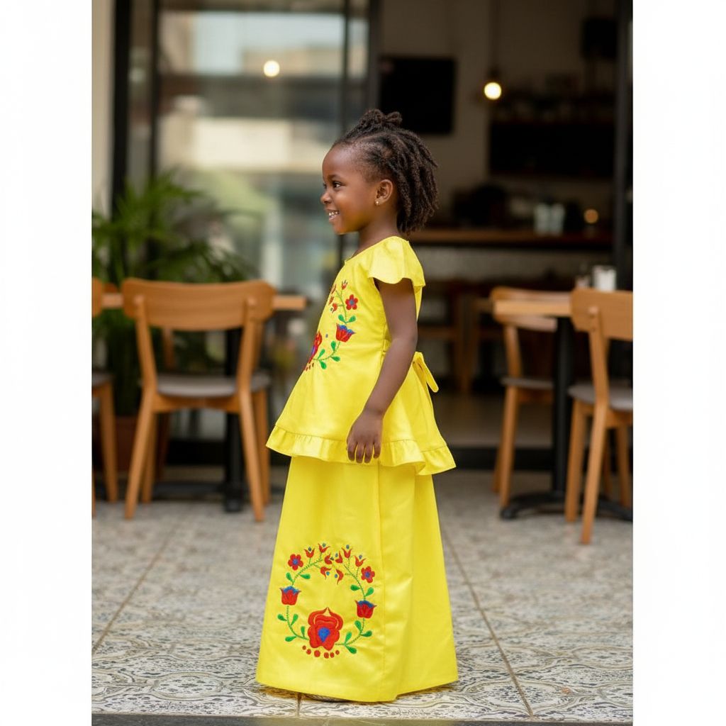 Ensemble cérémonie fille jaune 7 ans, jupe et haut floral chic élégant