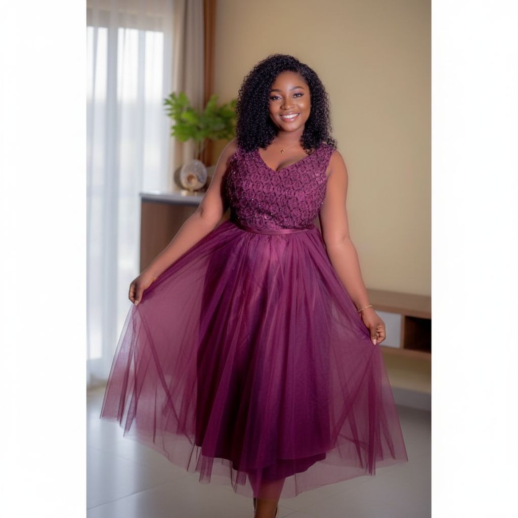 Robe d’anniversaire femme violette élégante en dentelle et tulle, soirée chic