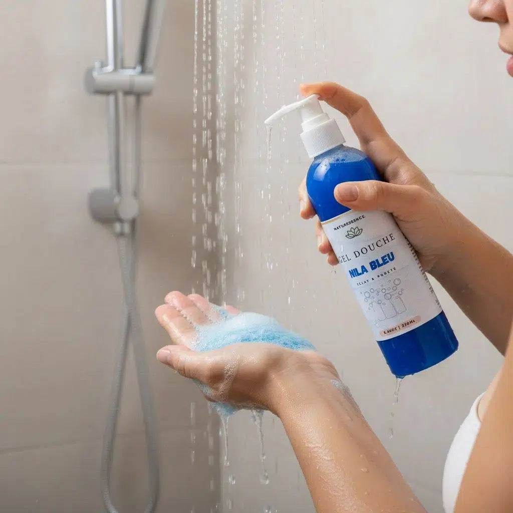 Gel Douche Éclat Nila Bleu, Niacinamide &amp; Acide Hyaluronique – Peau Lumineuse
