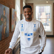 Chemise blanche homme motifs bleus et dorés, col rond, coton-lin