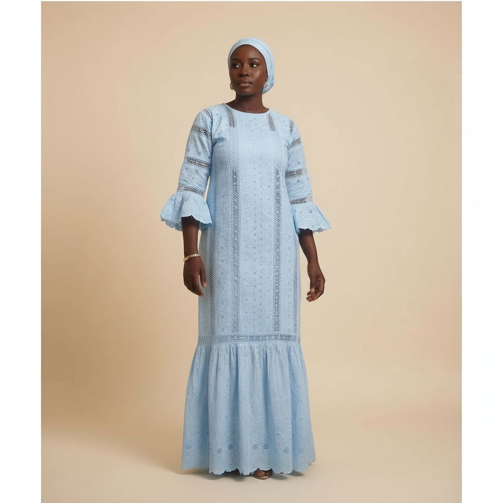 Robe brodée bleu femme bohème chic, manches volants, élégante et longue