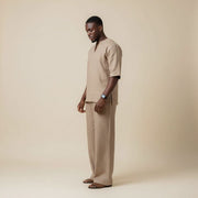 Ensemble lin décontracté minimaliste homme unisexe, pantalon large et haut 3/4
