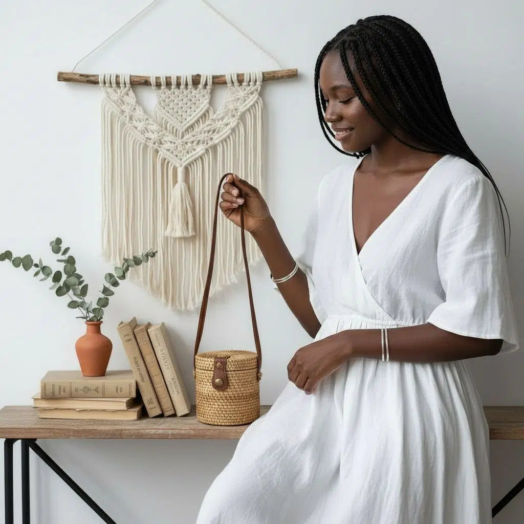 Sac bandoulière rotin femme bohème rond