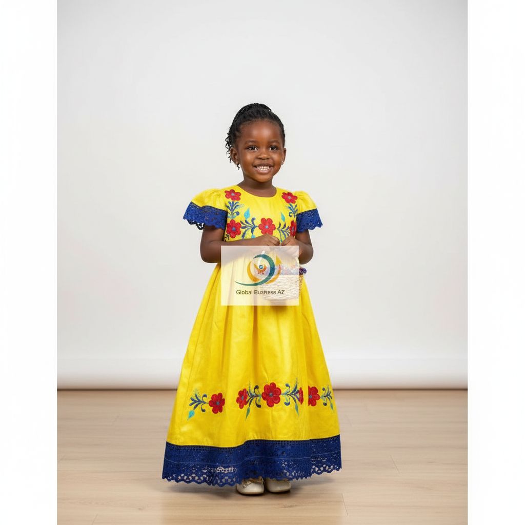 Robe cérémonie fille jaune brodée bazin riche