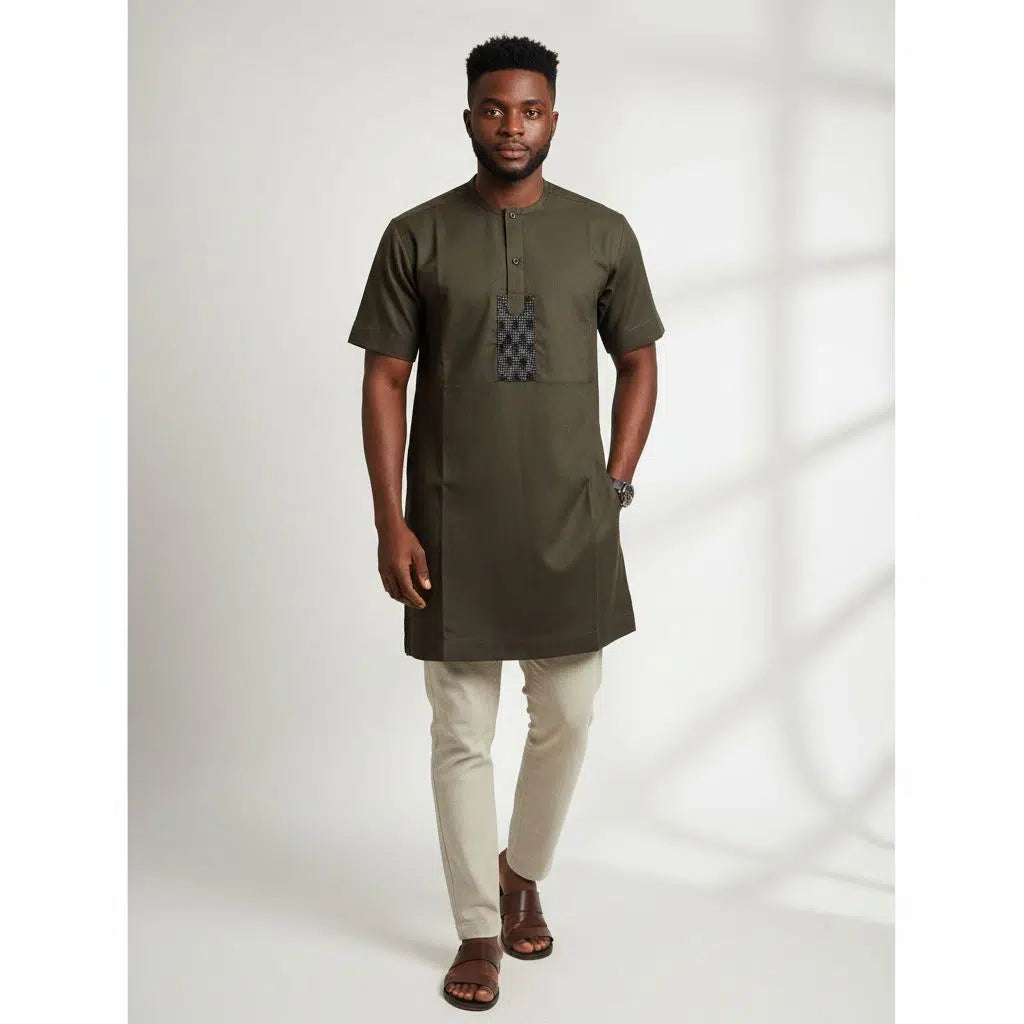 Chemise homme coton marron foncé col mao pagne tissé avec manches longues