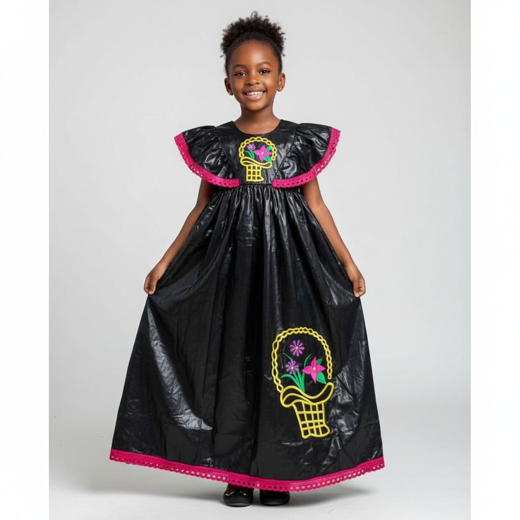 Robe fille cérémonie noire brodée coton bazin