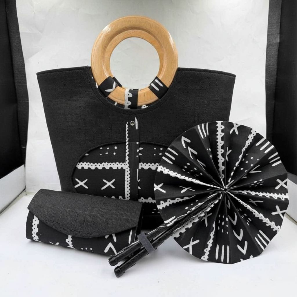 Sac à main noir et blanc motifs géométriques avec portefeuille assorti