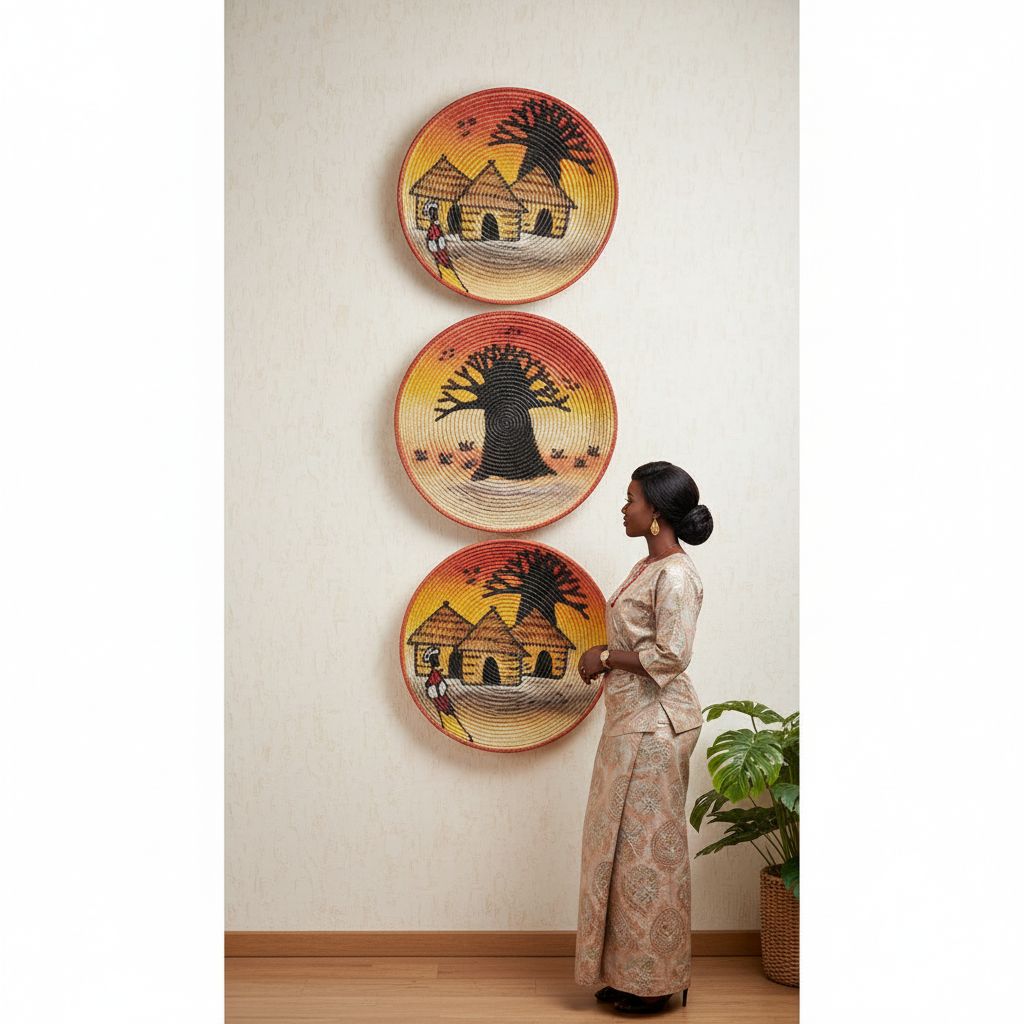 Plateau mural décoration africain artisanal en fibres naturelles, peint à la main Pack de 3