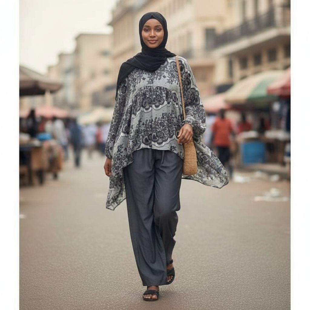 Ensemble pantalon femme élégant noir et gris, coupe ample et fluide chic