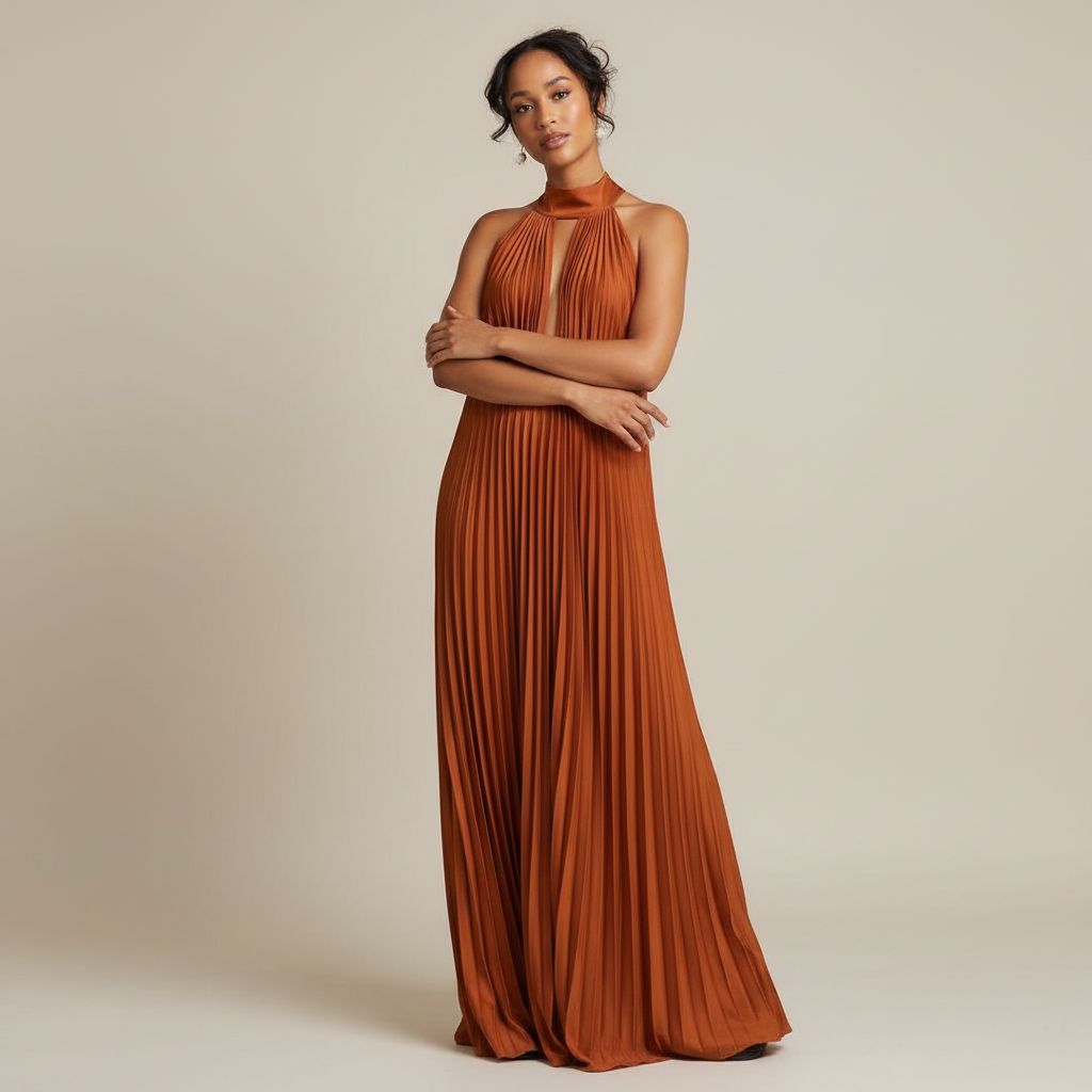 Robe été femme longue plissée orange vert beige, fluide élégante chic