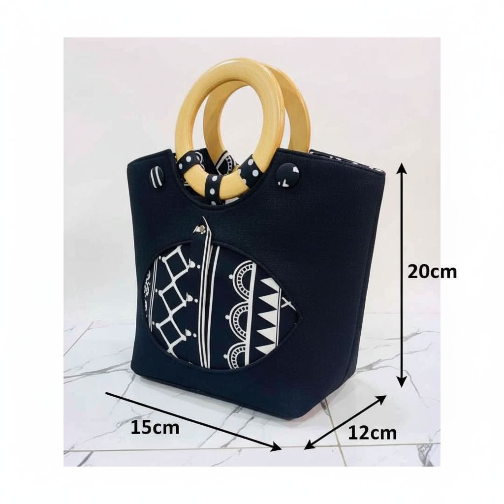 Sac à main cuir noir motif ethnique poignée bois, chic et grande capacité