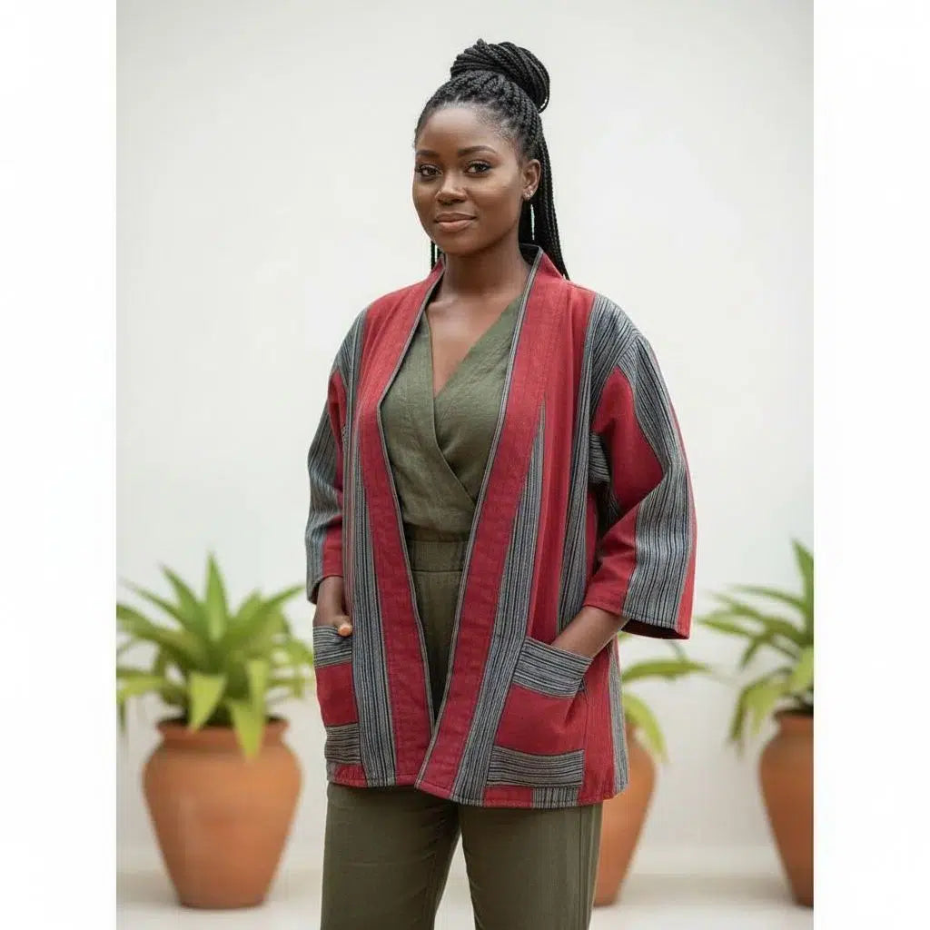 Kimono pagne tissé coton femme rouge et noir, veste artisanale élégante