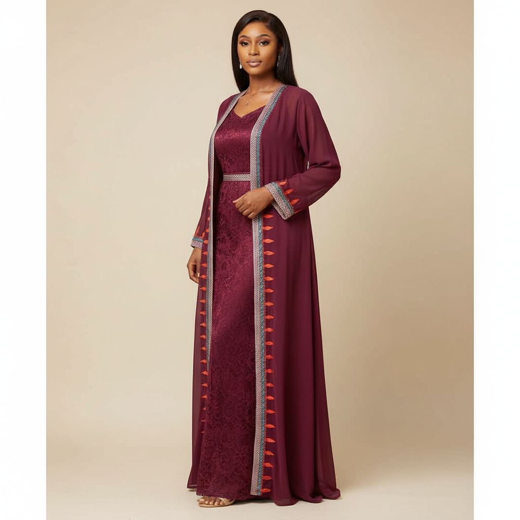 Robe longue femme élégante en chiffon et dentelle, cérémonie chic bordeaux