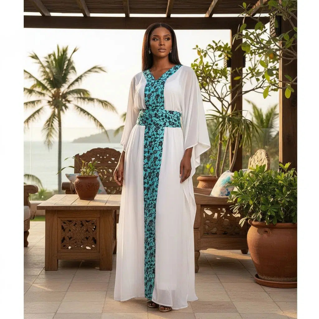 Tunique en crêpe femme blanche à motif wax turquoise, élégante et fluide