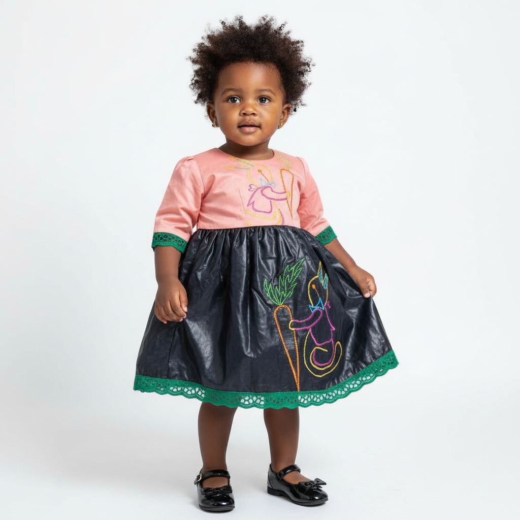 Robe fille cérémonie noire saumon brodée
