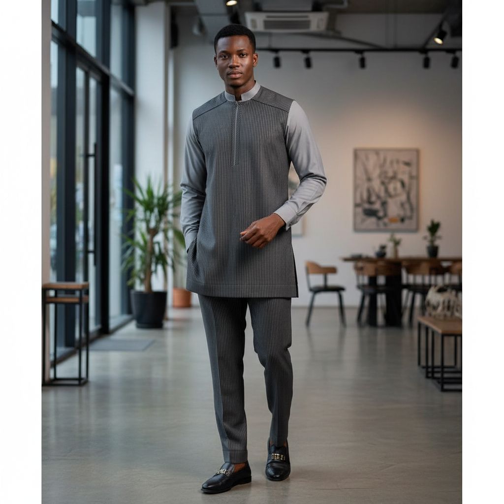 Ensemble homme gris rayé élégant, costume tunique pantalon col mao moderne