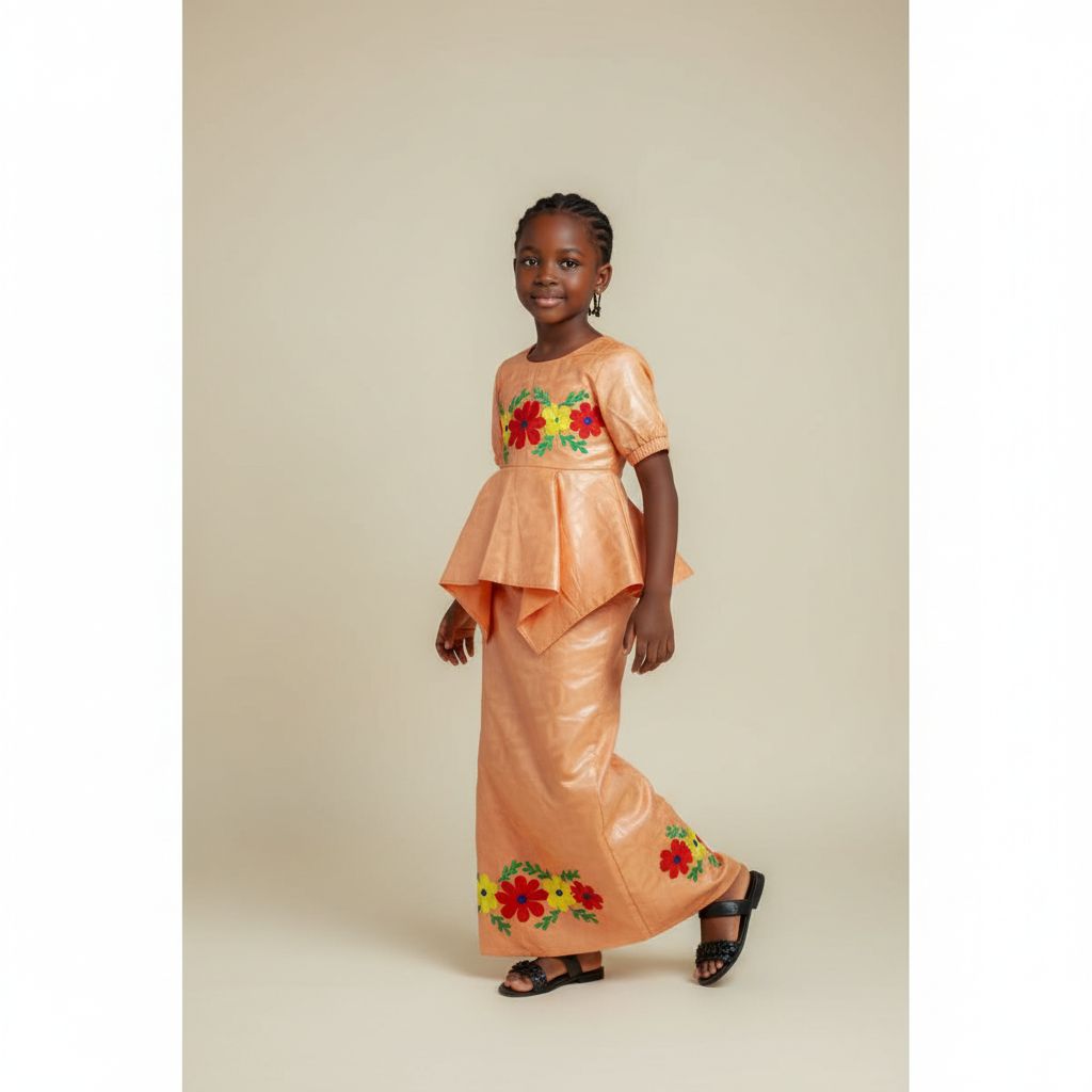 Ensemble cérémonie fille 8 ans orange chic, jupe et haut floral élégant