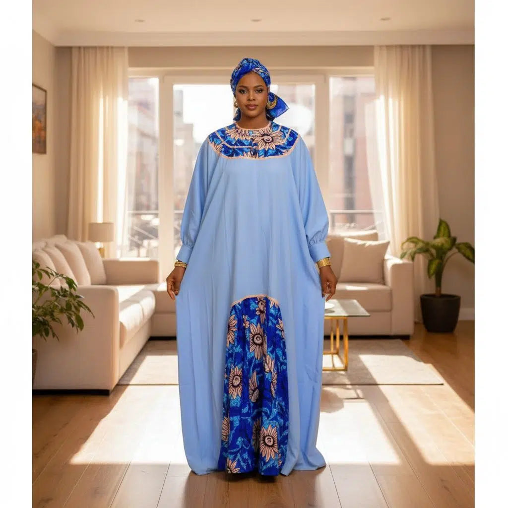 Tunique femme sénégalaise élégante, robe longue africaine avec foulard