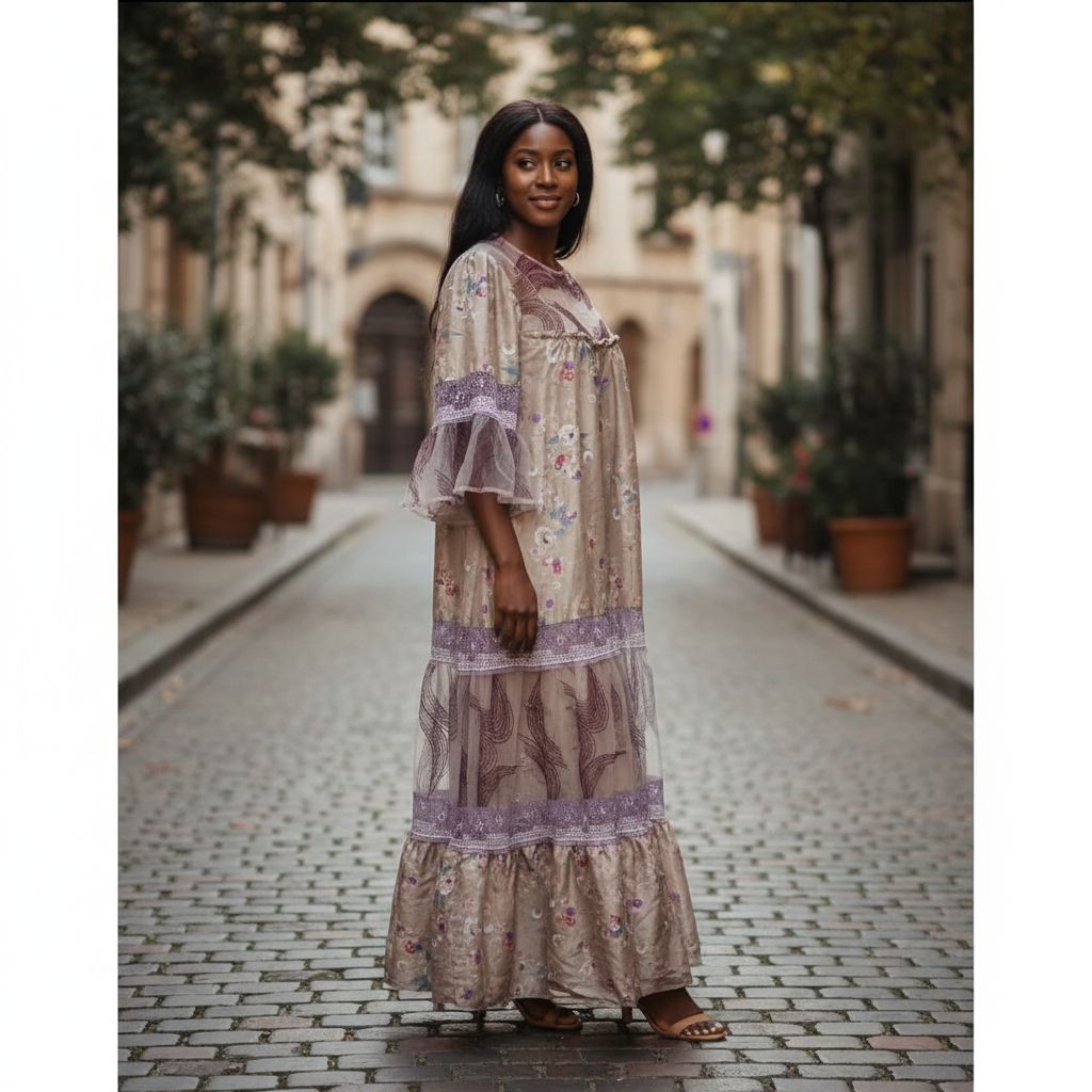 Robe longue bohème chic femme soie et dentelle élégante manches évasées