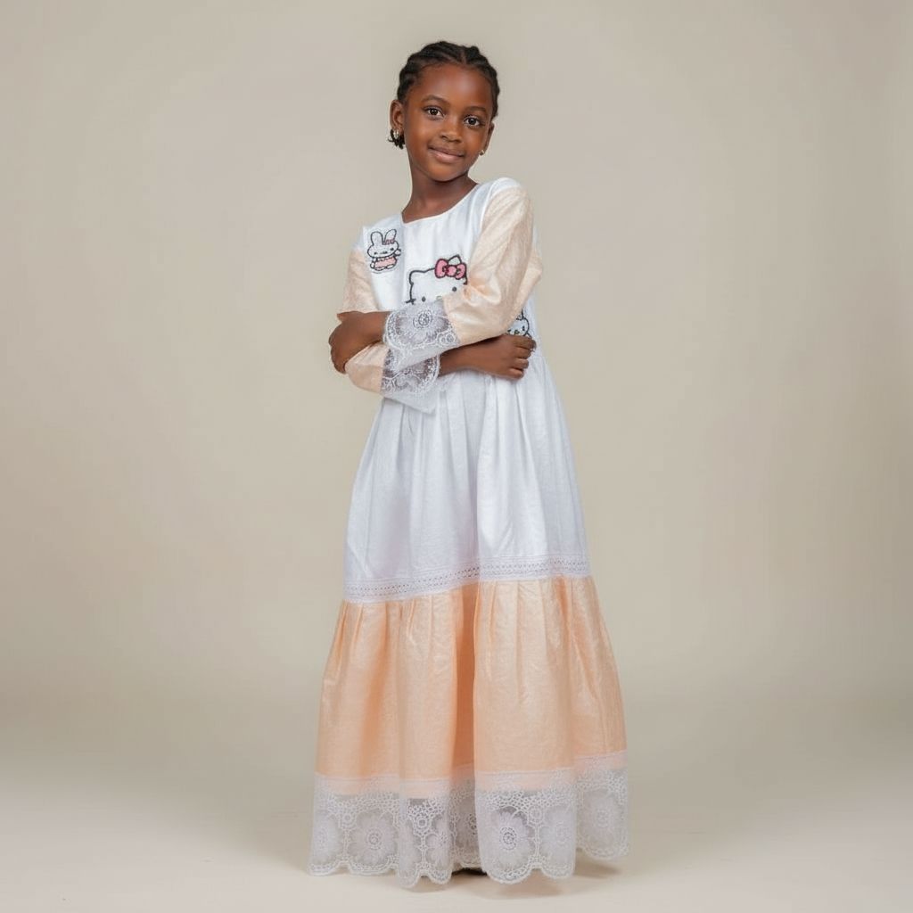 Robe petite fille cérémonie satin dentelle, motif chat et lapin pastel chic