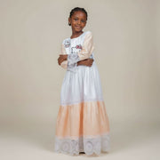 Robe petite fille cérémonie satin dentelle, motif chat et lapin pastel chic