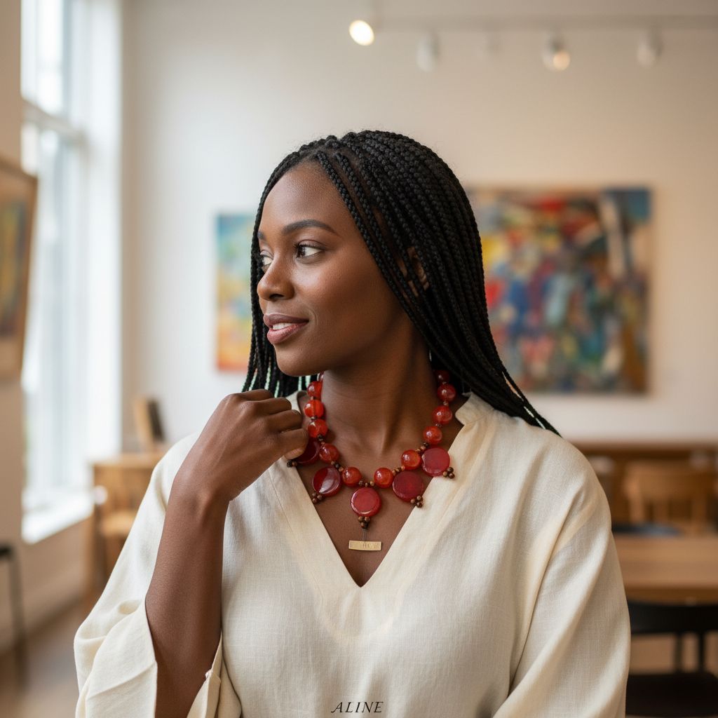 Collier bohème chic rouge artisanal perles verre et bois, élégant femme