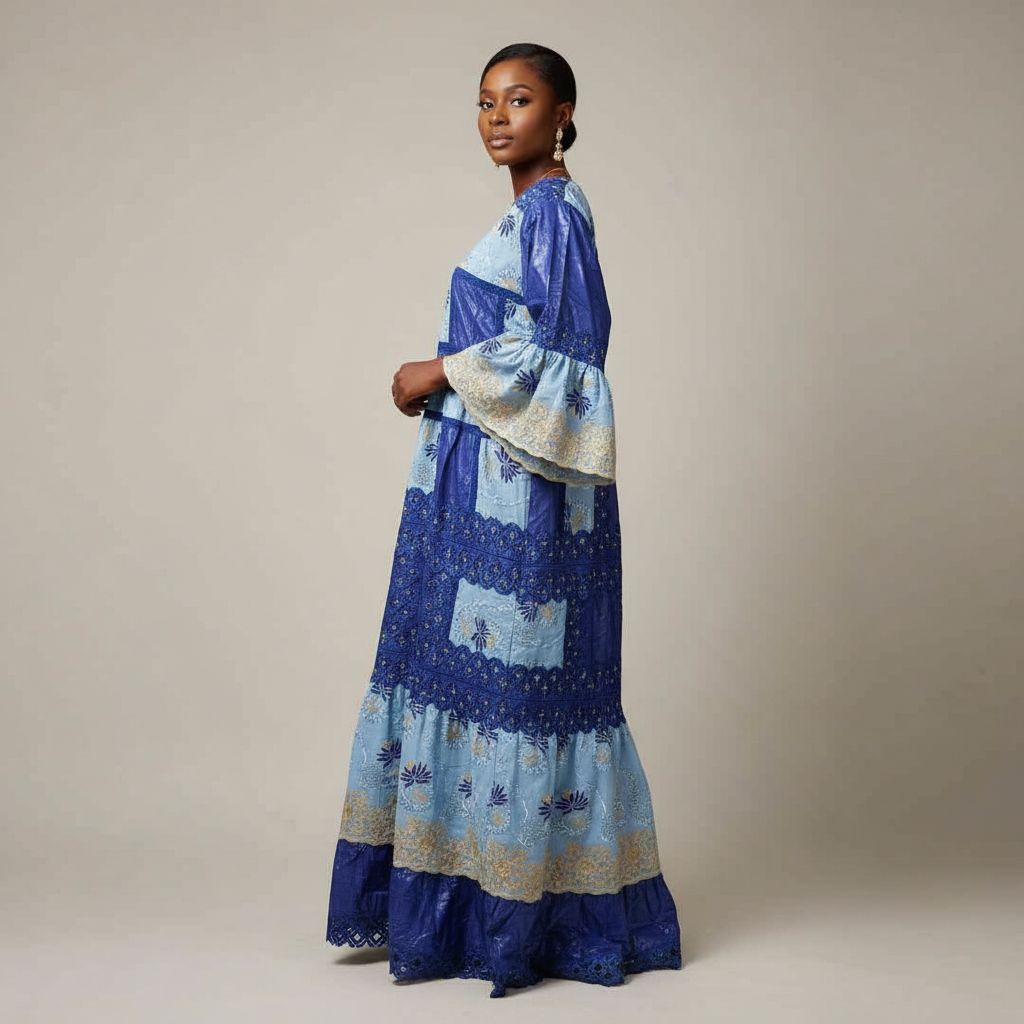 Robe bazin brodée bleue femme, longue élégante, cérémonie ou bureau