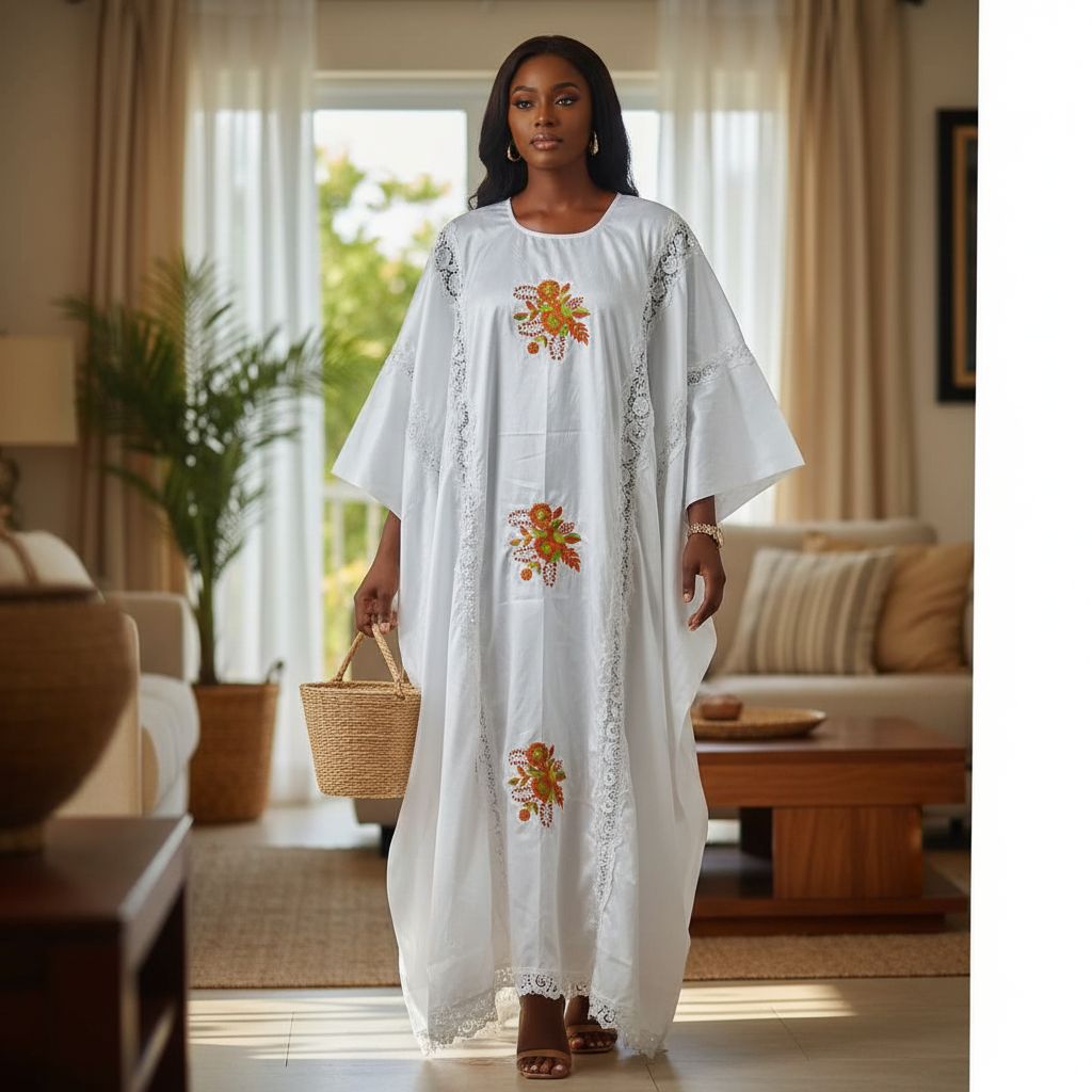 Boubou femme blanc brodé élégant, robe traditionnelle mariage broderie orange