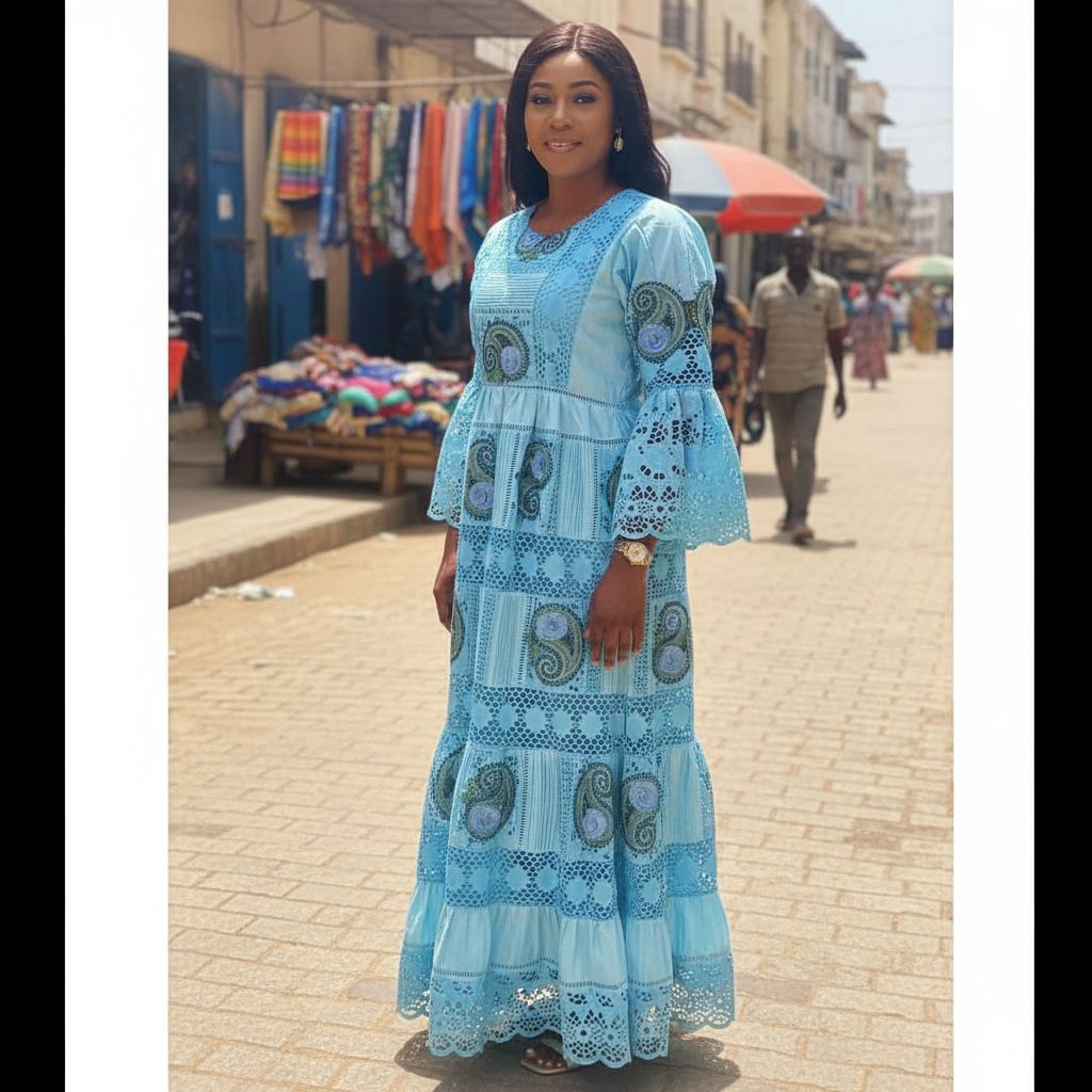 Robe bazin brodée bleue longue chic femme, élégante cérémonie et soirée