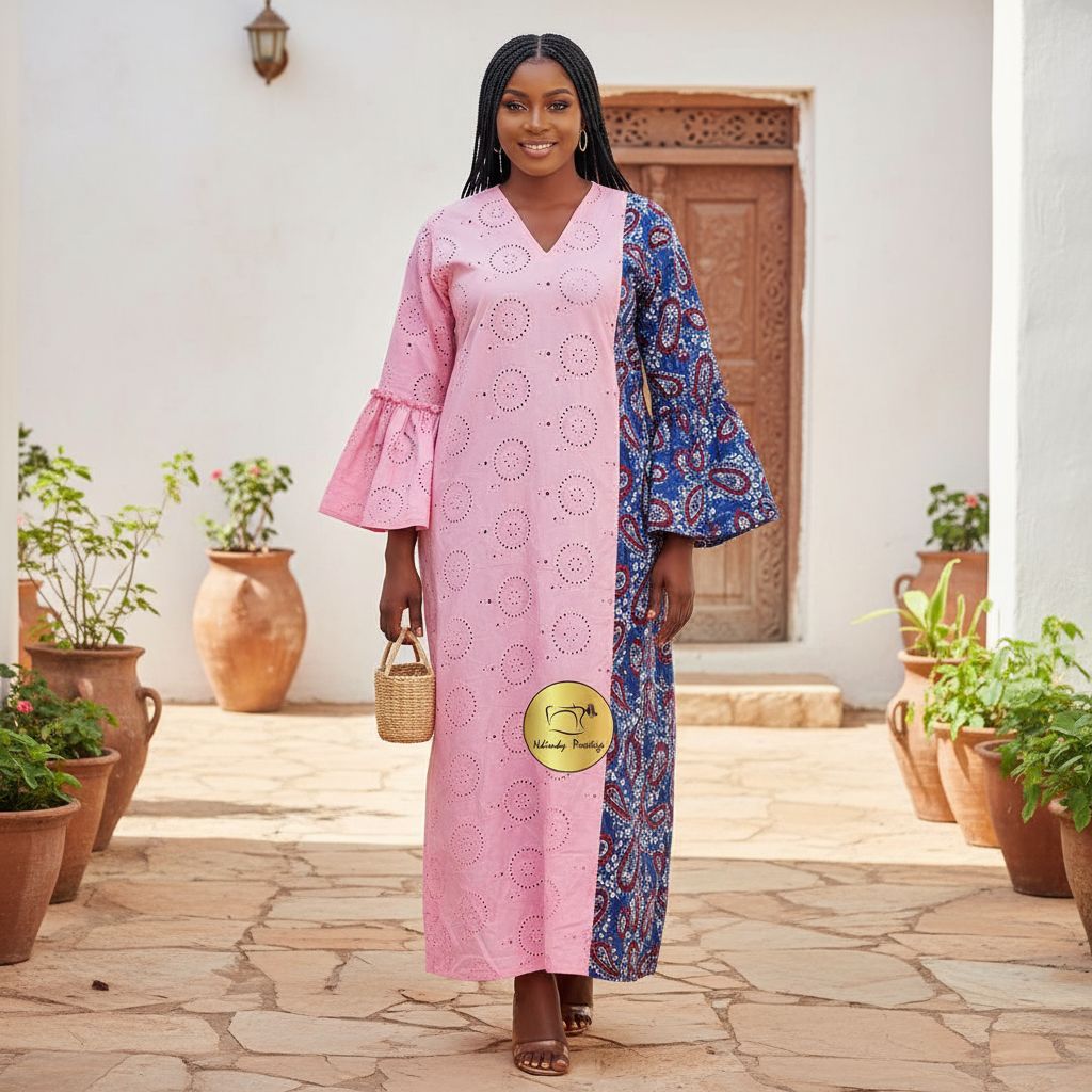 Robe patch brodée femme indigo rose et rouge, manches asymétriques chic