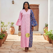 Robe patch brodée femme indigo rose et rouge, manches asymétriques chic