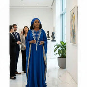 Boubou femme élégant bleu roi – Robe longue pagne tissé brodé cérémonie chic
