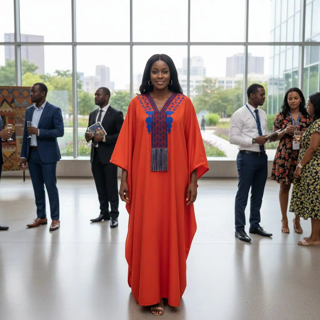 Tunique brodée femme orange – Élégance ethnique chic, pagne tissé artisanal