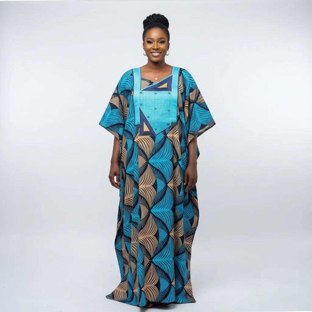 Boubou wax brodé femme multicolore, robe africaine ample et chic