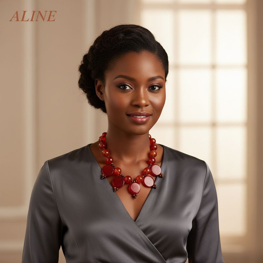 Collier bohème chic rouge artisanal perles verre et bois, élégant femme