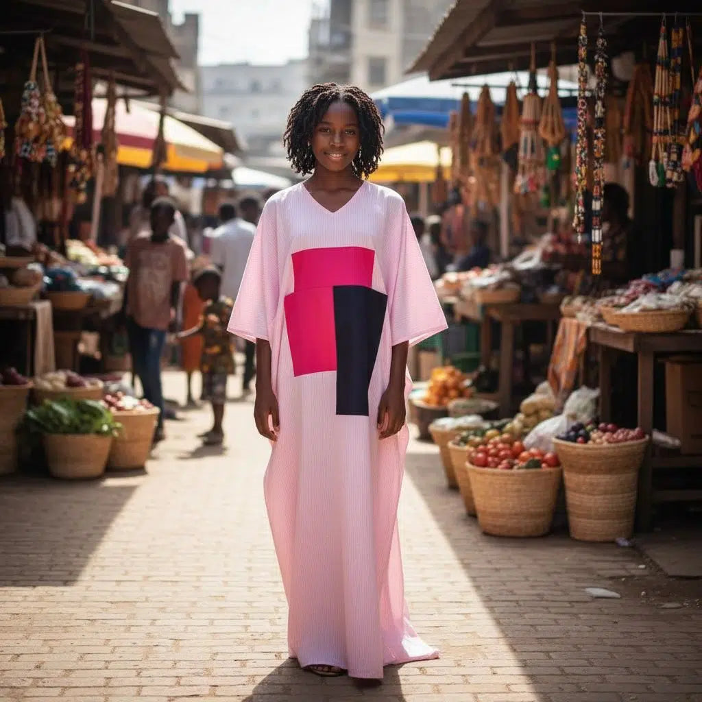 Tunique rose longue en coton avec turban